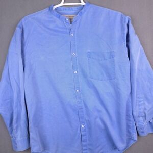 Norm Thompson Shirt Band Collar Blue Large Silk Long Sleeve Casual